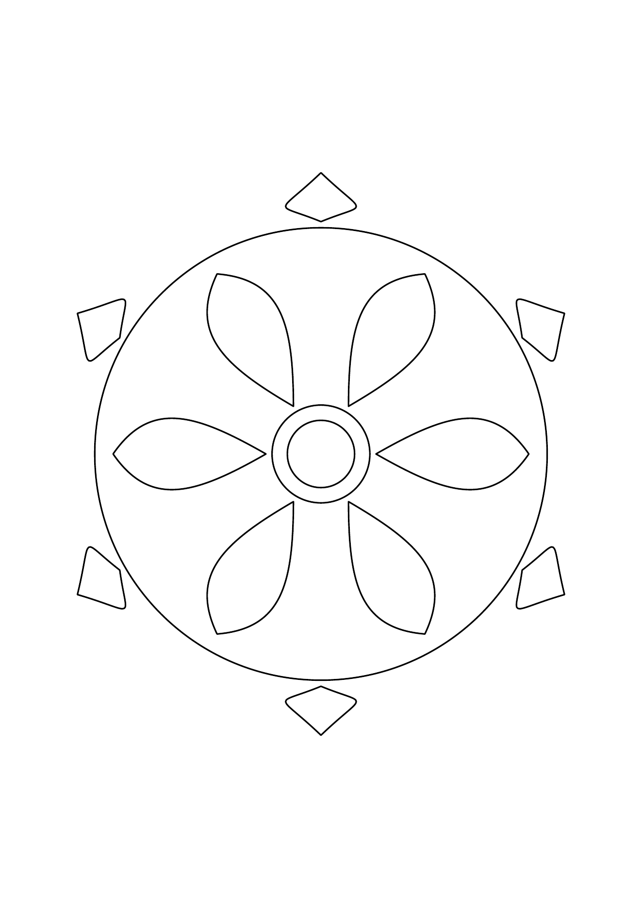 Mandala facile à six pétales : dessin noir et blanc à colorier