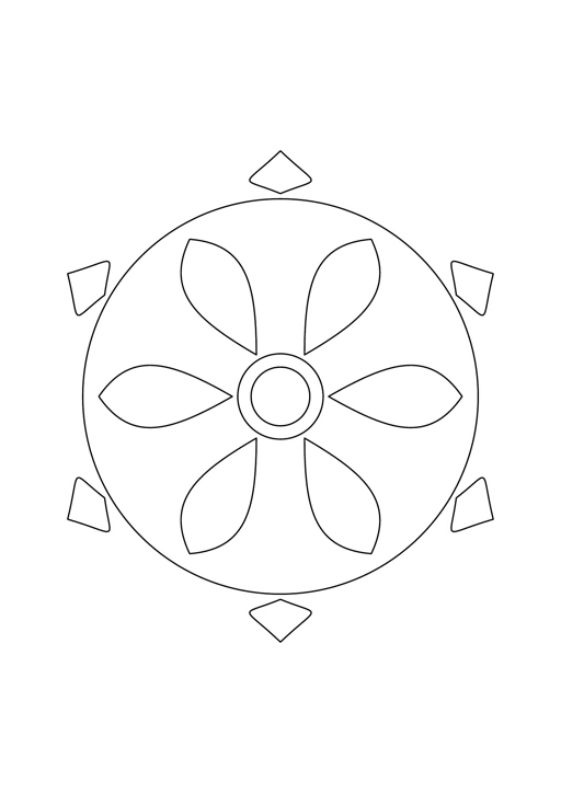 Mandala facile à six pétales : dessin noir et blanc à colorier
