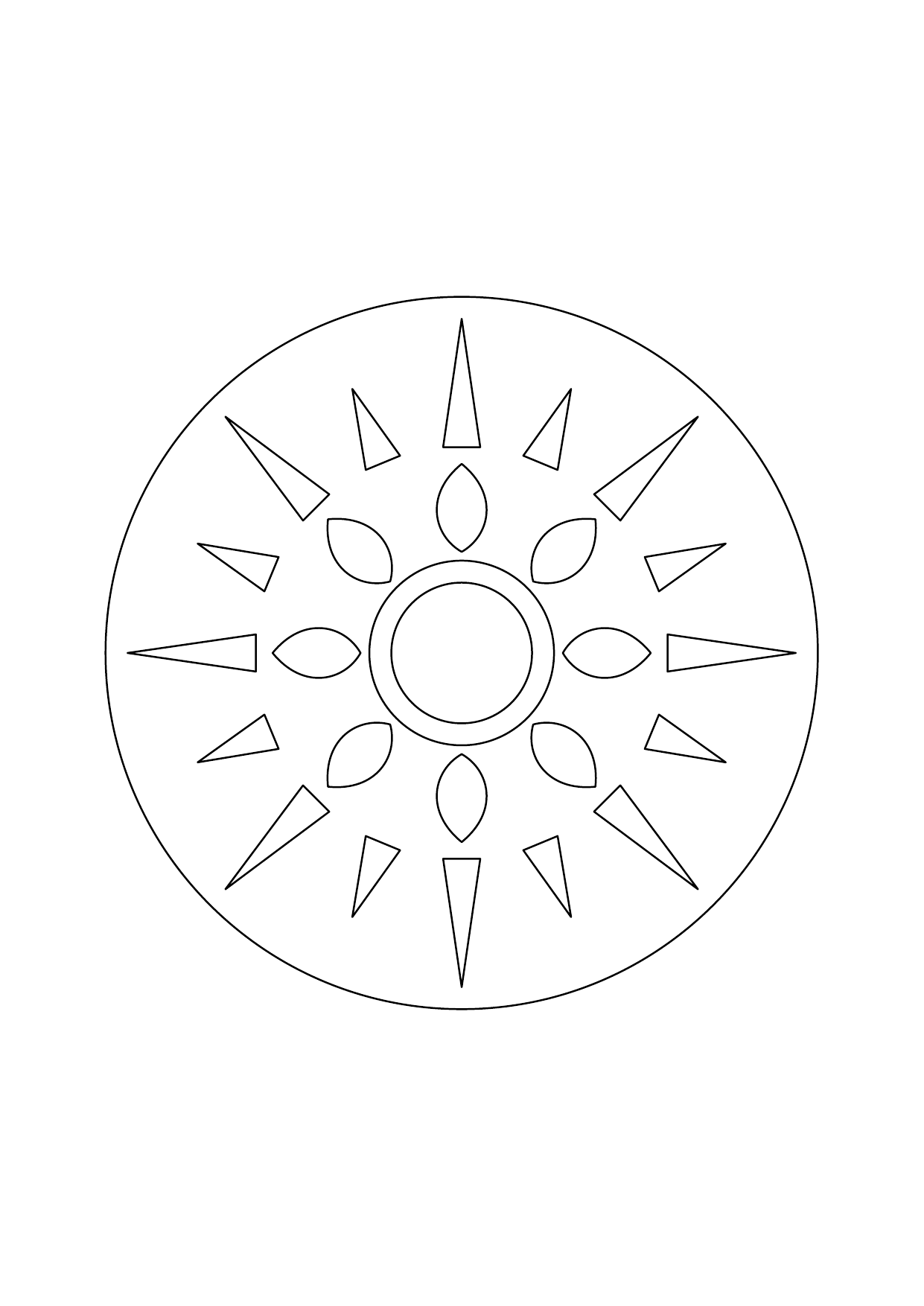 Mandala soleil composé de pétales au centre et de rayons alternés longs et courts.