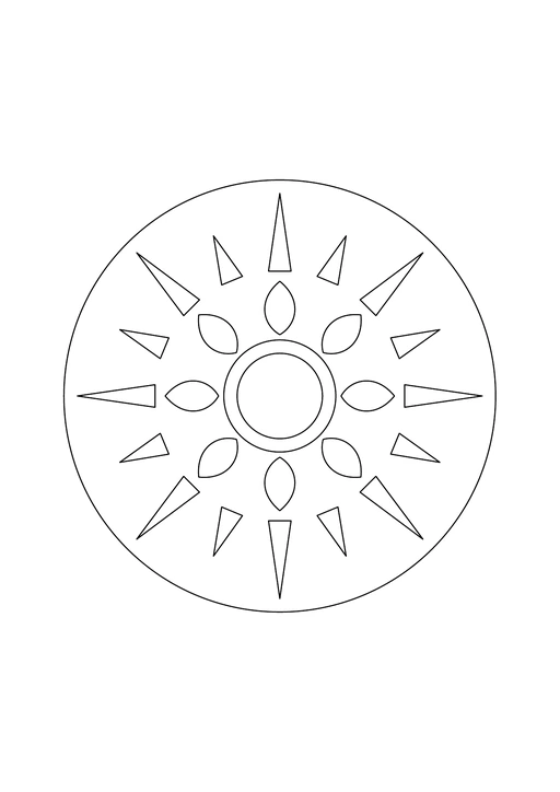Mandala soleil composé de pétales au centre et de rayons alternés longs et courts.