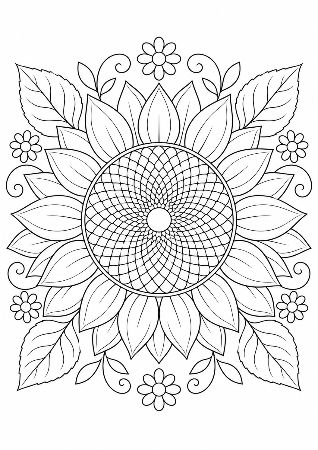 Mandala tournesol : dessin au trait noir à colorier