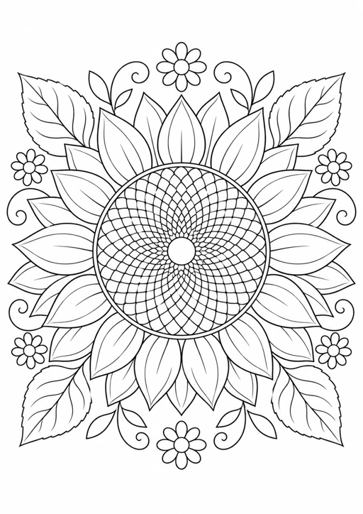 Mandala tournesol : dessin au trait noir à colorier