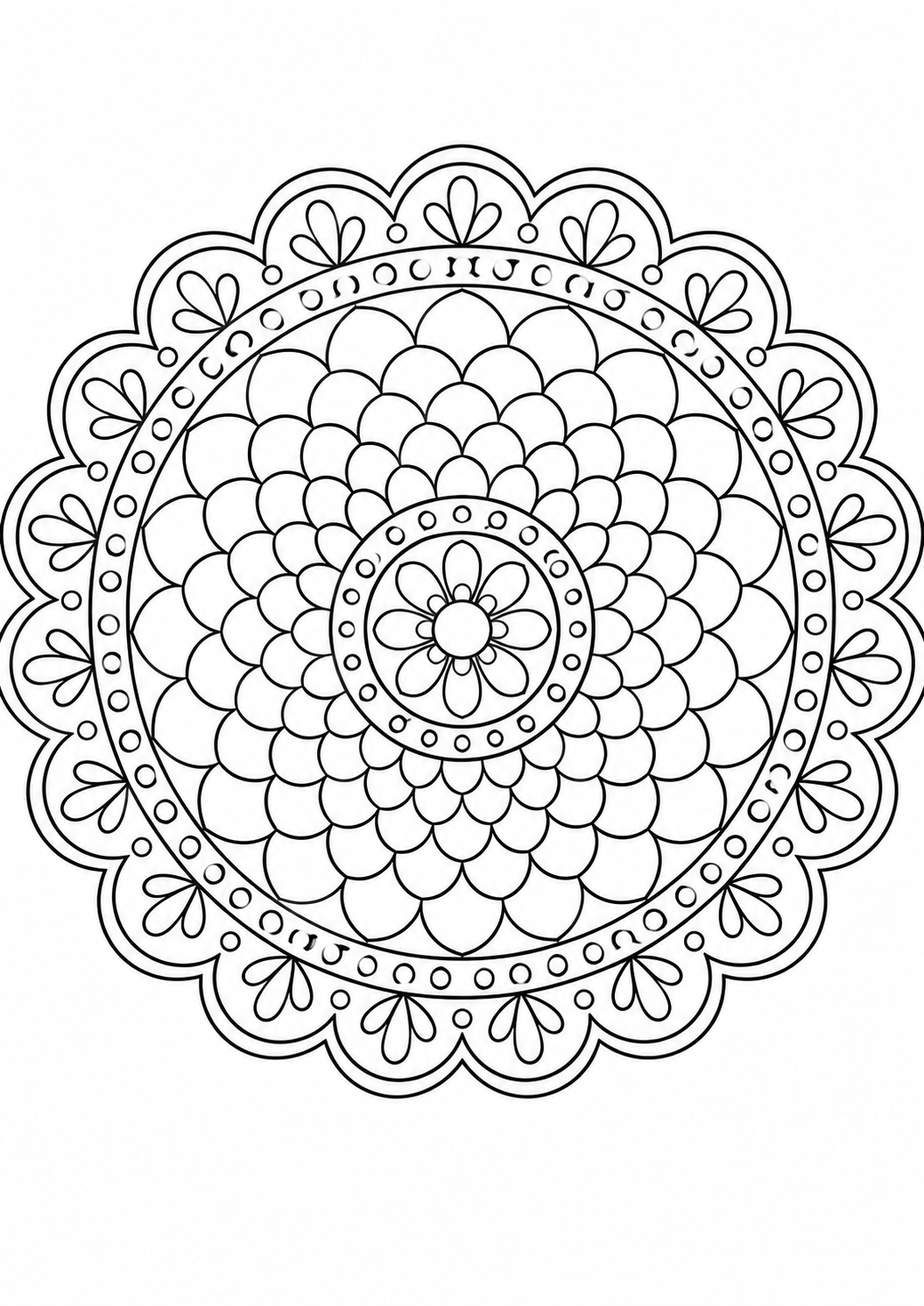 Mandala écailles : dessin en noir et blanc à colorier