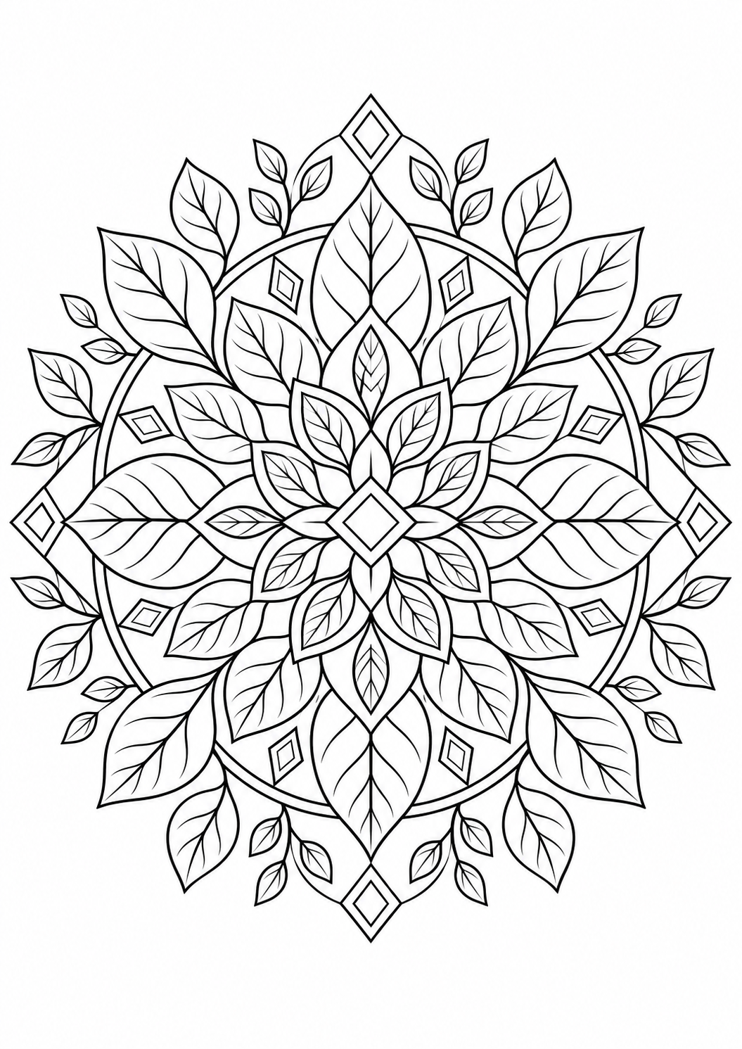 Mandala feuillage : dessin en noir et blanc à colorier