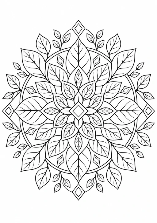 Mandala feuillage : dessin en noir et blanc à colorier