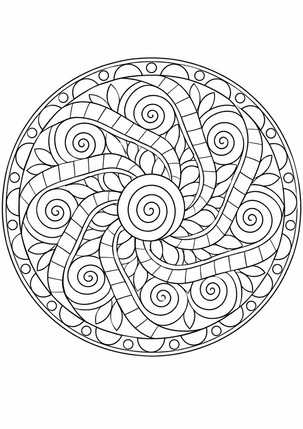 Mandala spirales : dessin en noir et blanc à colorier