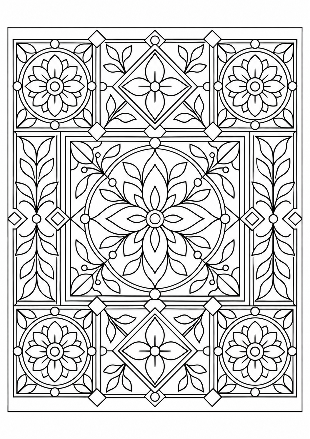 Mandala tuiles : dessin en noir et blanc à colorier