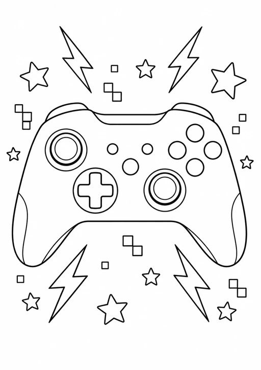 Manette de jeu et éclairs : dessin noir et blanc à colorier