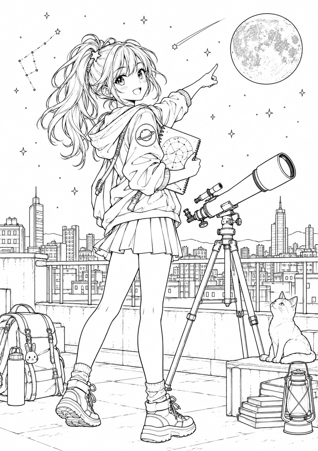 Manga : astronome et chat sur un toit : dessin noir et blanc à colorier