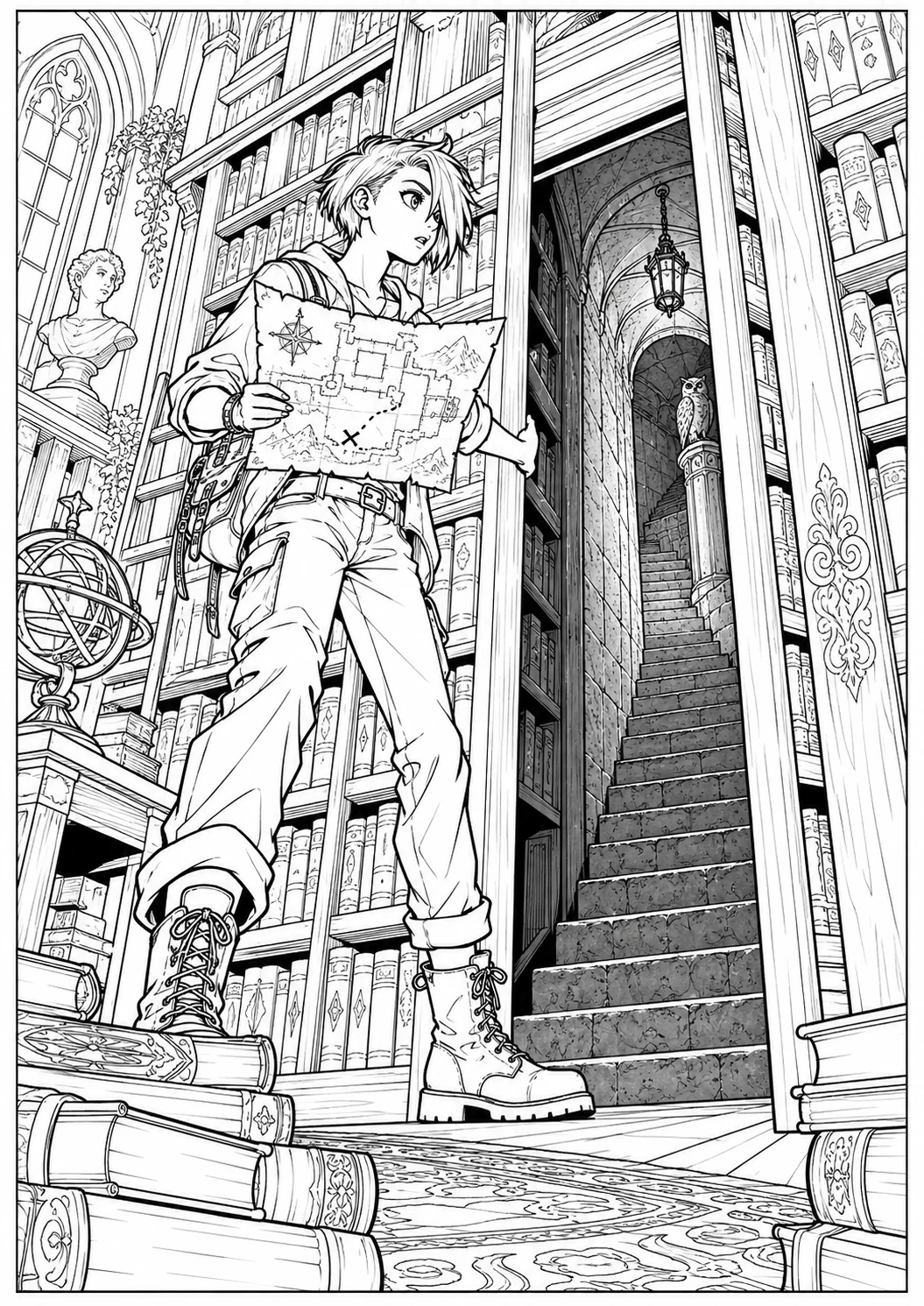 Manga : escalier secret de la bibliothèque : dessin noir et blanc à colorier