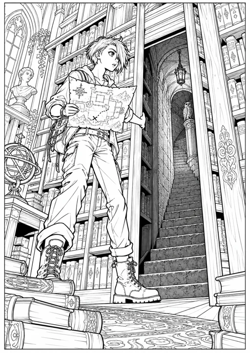 Manga : escalier secret de la bibliothèque : dessin noir et blanc à colorier
