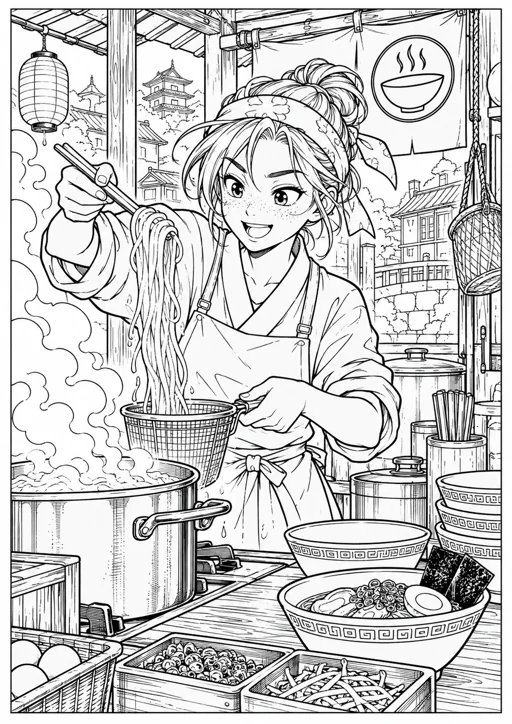 Manga : cuisine de nouilles au marché : dessin noir et blanc à colorier