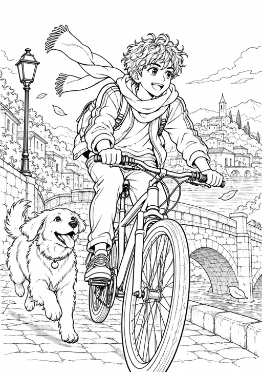 Manga : cycliste et chien sur le pont : dessin noir et blanc à colorier