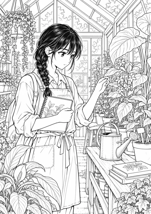 Manga : carnet dans la serre : dessin noir et blanc à colorier