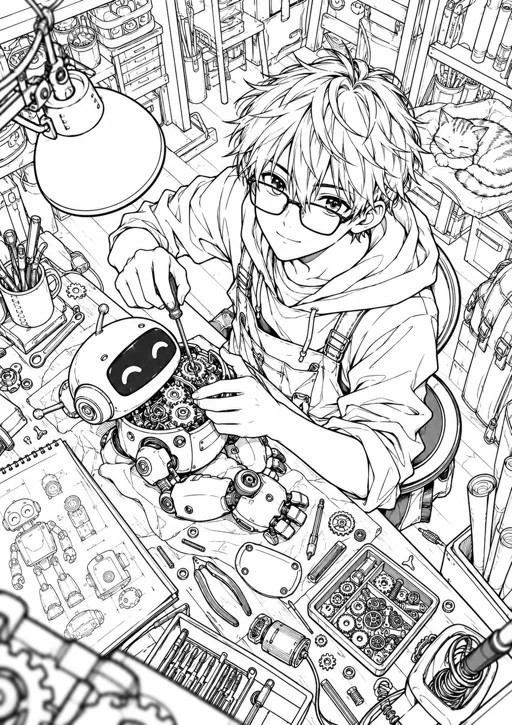 Manga : réparation du petit robot : dessin noir et blanc à colorier