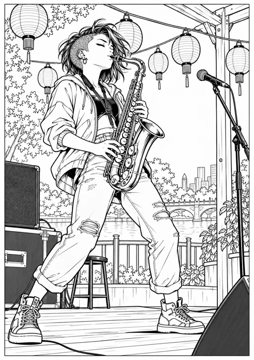 Manga : saxophoniste sous les lanternes : dessin noir et blanc à colorier