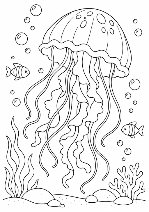 Méduse et bulles : dessin en noir et blanc à colorier