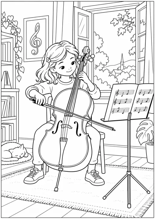 Enfant au violoncelle : dessin noir et blanc à colorier