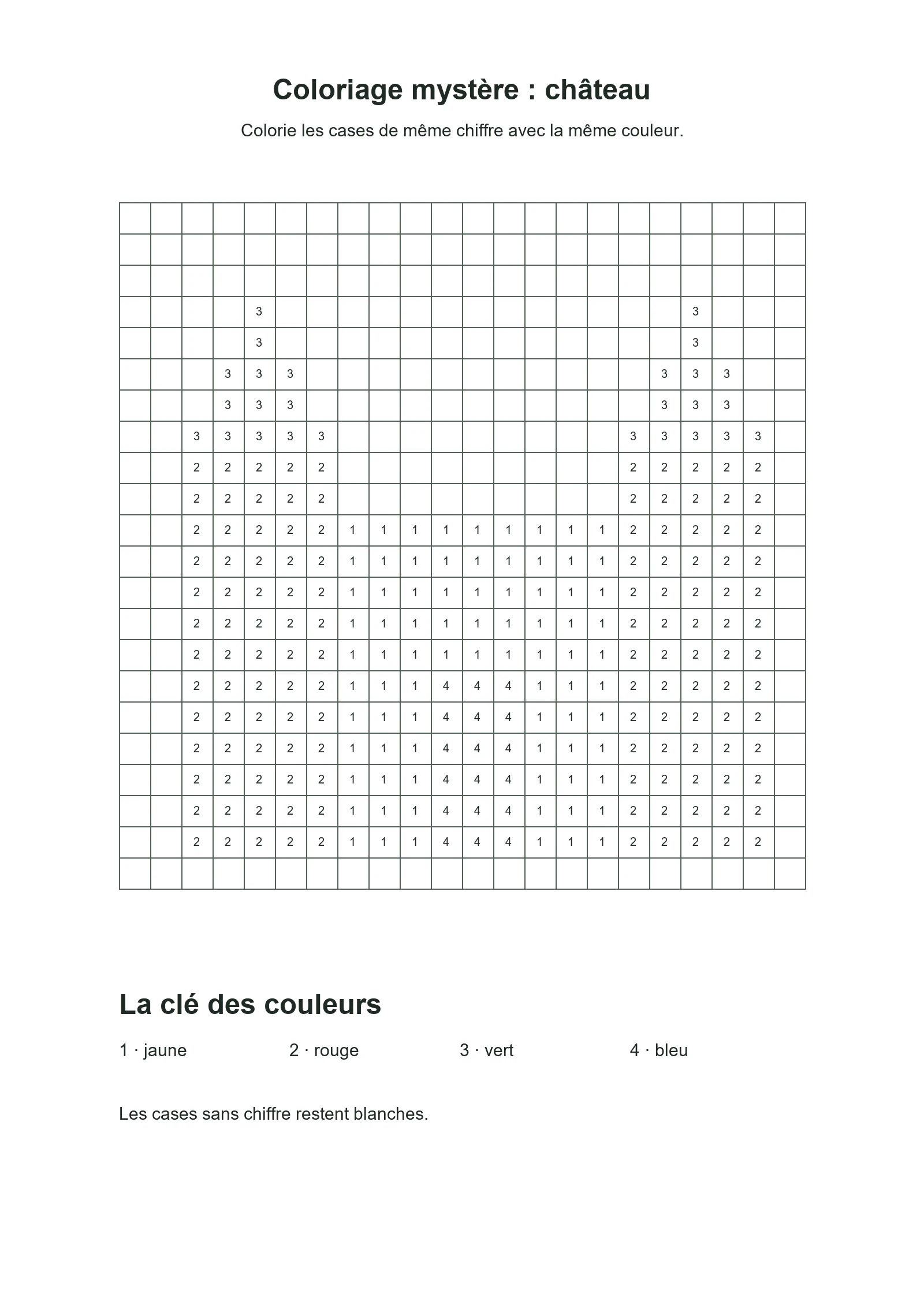 Coloriage mystère : château : dessin noir et blanc à colorier