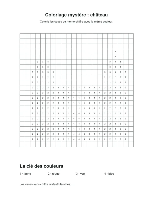 Coloriage mystère : château : dessin noir et blanc à colorier