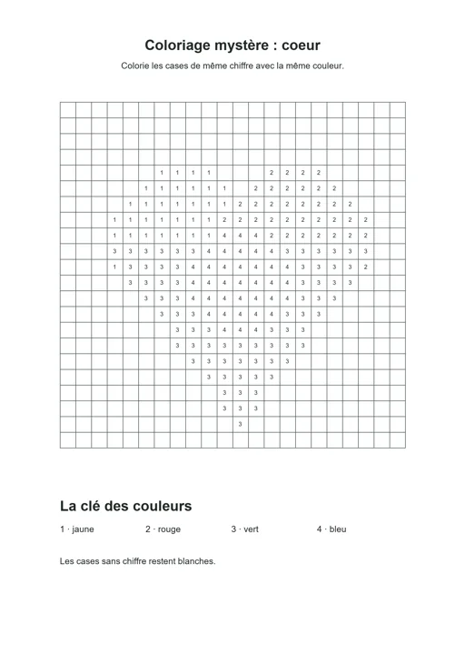 Coloriage mystère : cœur : dessin noir et blanc à colorier