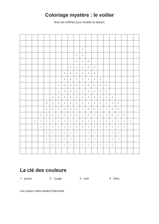 Coloriage mystère : le voilier : dessin noir et blanc à colorier