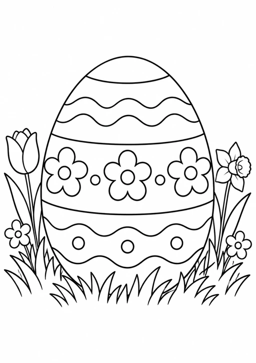Œuf de Pâques fleuri : dessin noir et blanc à colorier