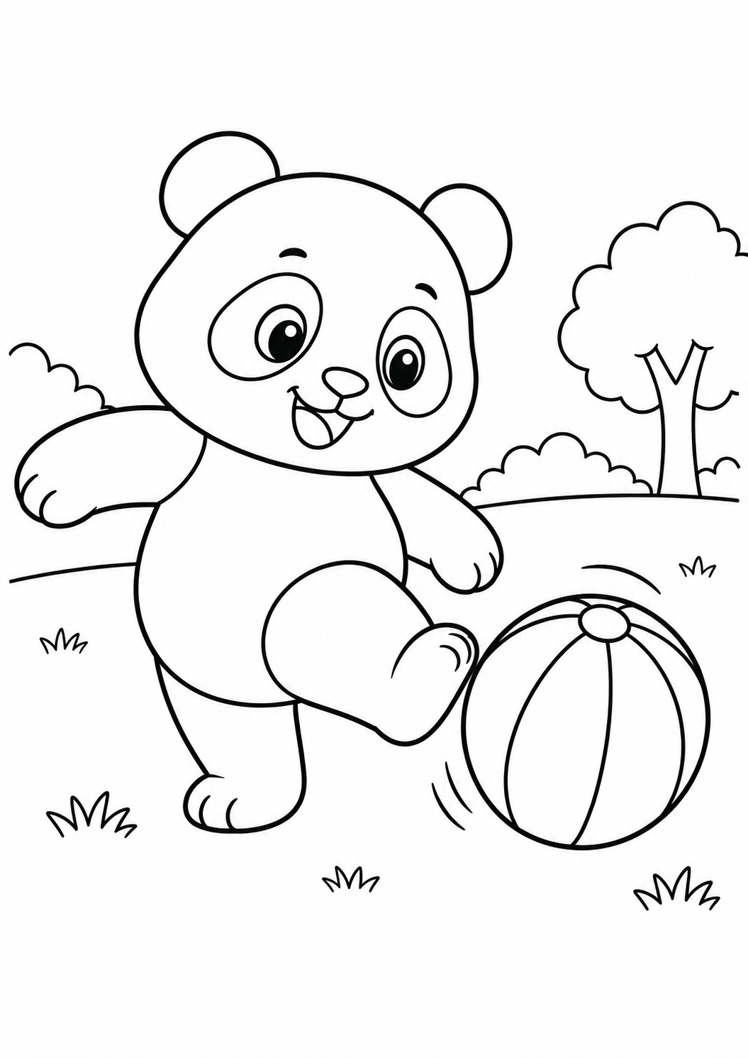 Panda qui joue au ballon : dessin noir et blanc à colorier