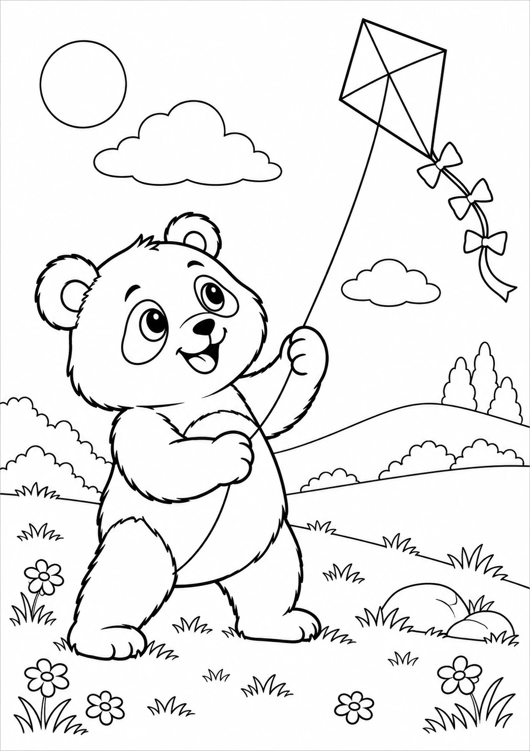 Panda et son cerf-volant : dessin en noir et blanc à colorier