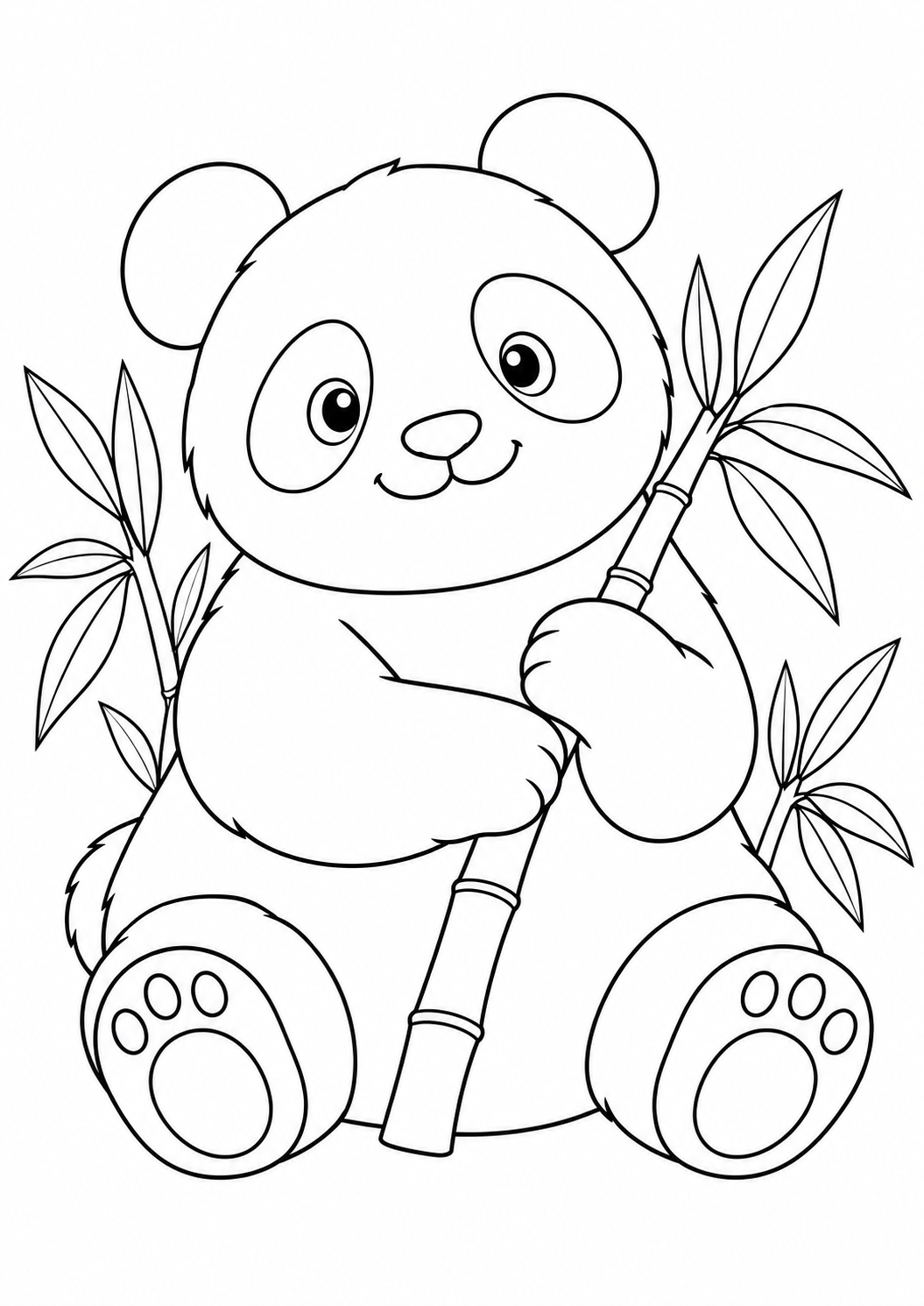 Panda et son bambou : dessin au trait noir à colorier