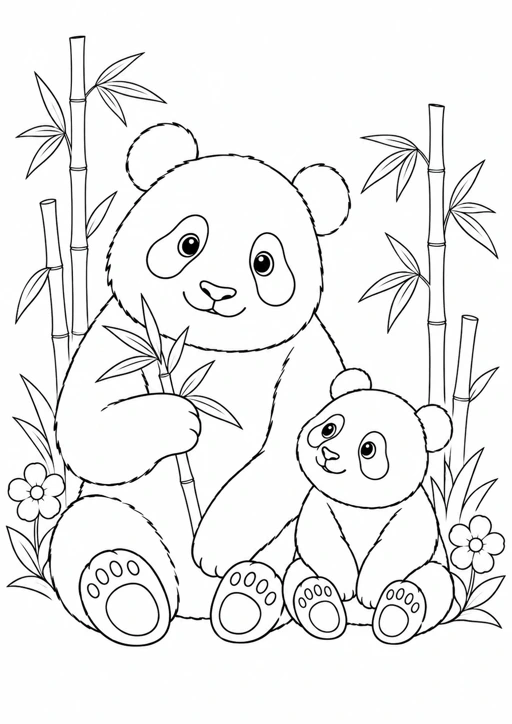 Panda et son petit : dessin au trait noir à colorier