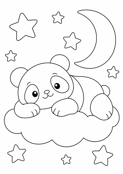 Panda kawaii sur un nuage : dessin au trait noir à colorier