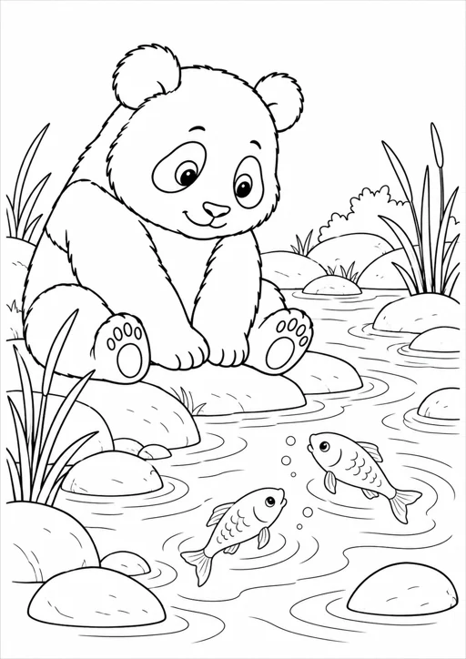 Panda au bord de la rivière : dessin en noir et blanc à colorier