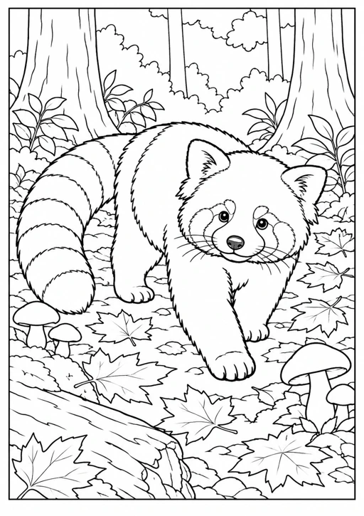 Panda roux parmi les feuilles : dessin noir et blanc à colorier
