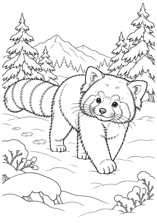 Panda roux dans la neige : dessin en noir et blanc à colorier