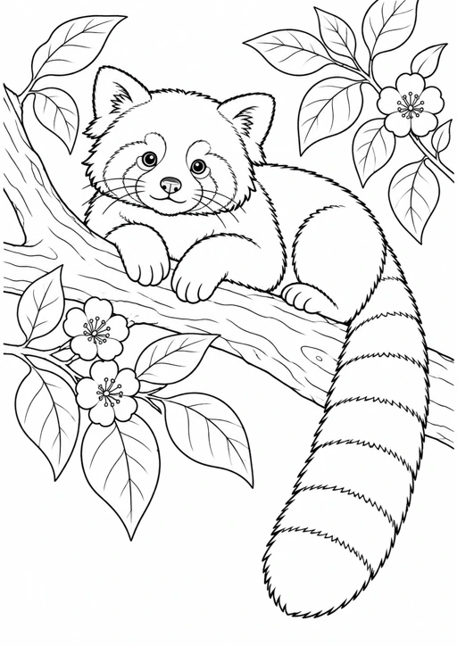 Panda roux sur une branche : dessin au trait noir à colorier