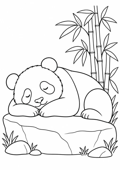 Panda qui dort sur un rocher : dessin noir et blanc à colorier