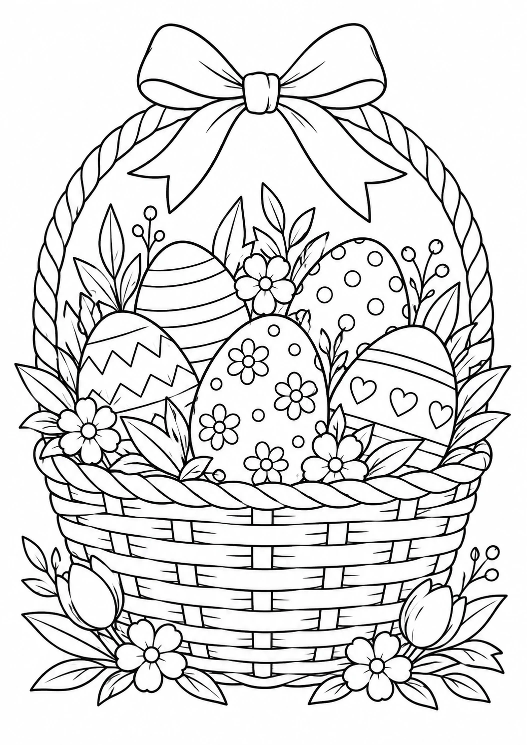 Panier d’œufs de Pâques : dessin en noir et blanc à colorier