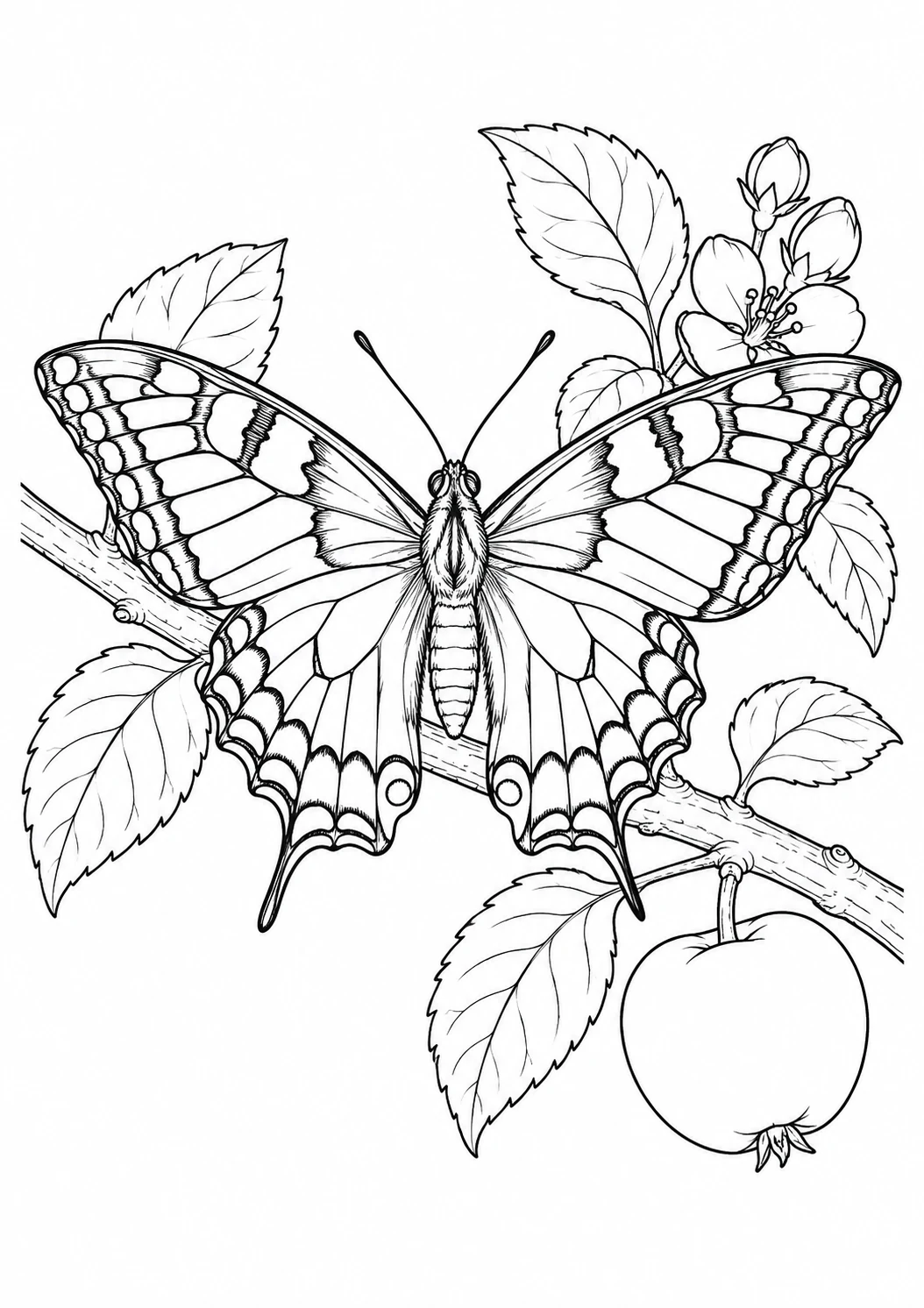 Grand papillon sur une branche : dessin noir et blanc à colorier