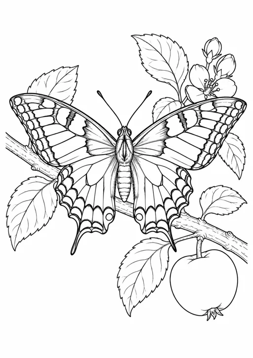 Grand papillon sur une branche : dessin noir et blanc à colorier