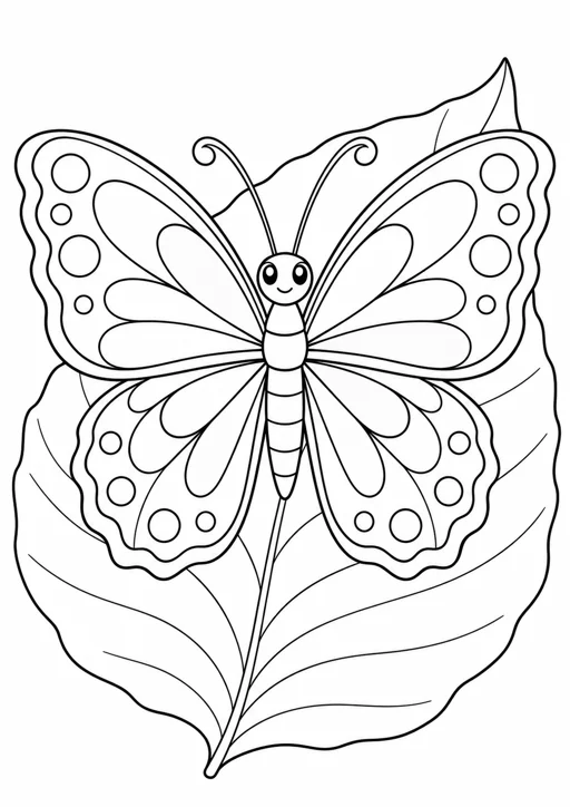 Papillon posé sur une feuille : dessin en noir et blanc à colorier