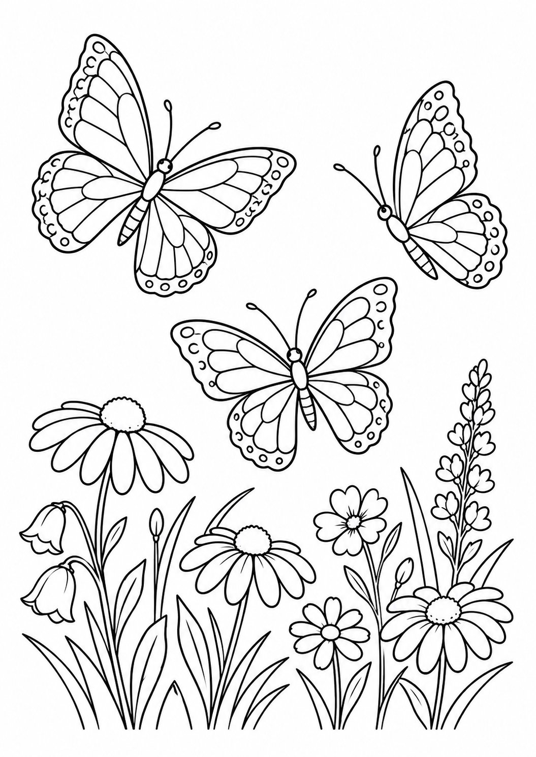 Papillons dans la prairie : dessin noir et blanc à colorier