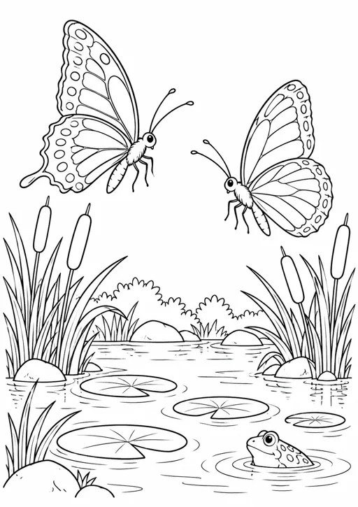 Papillons au bord de l’étang : dessin en noir et blanc à colorier