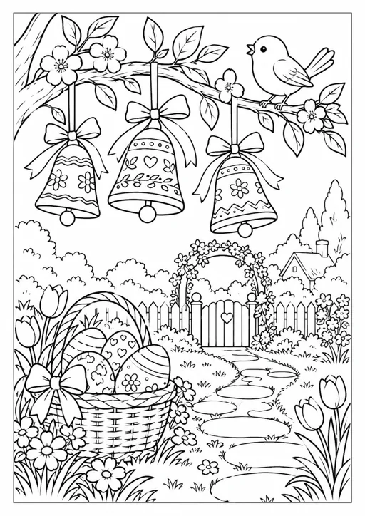 Cloches de Pâques au jardin : dessin noir et blanc à colorier