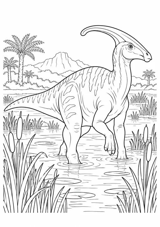 Parasaurolophus au marais : dessin en noir et blanc à colorier