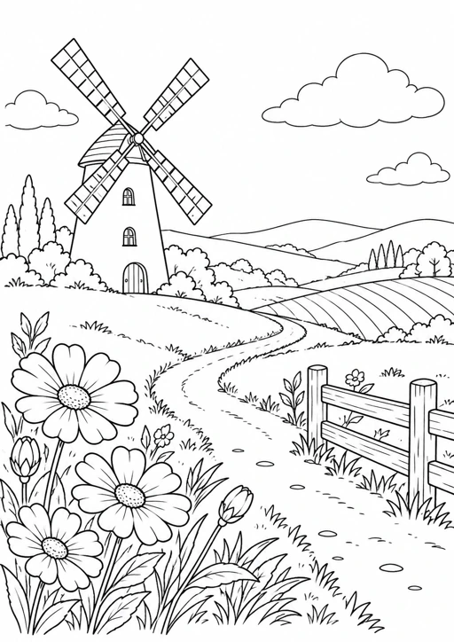 Paysage de campagne et moulin : dessin au trait noir à colorier