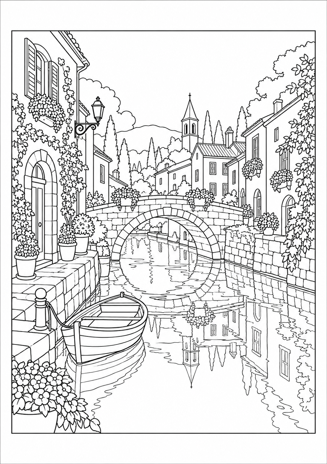 Paysage de village au canal : dessin noir et blanc à colorier