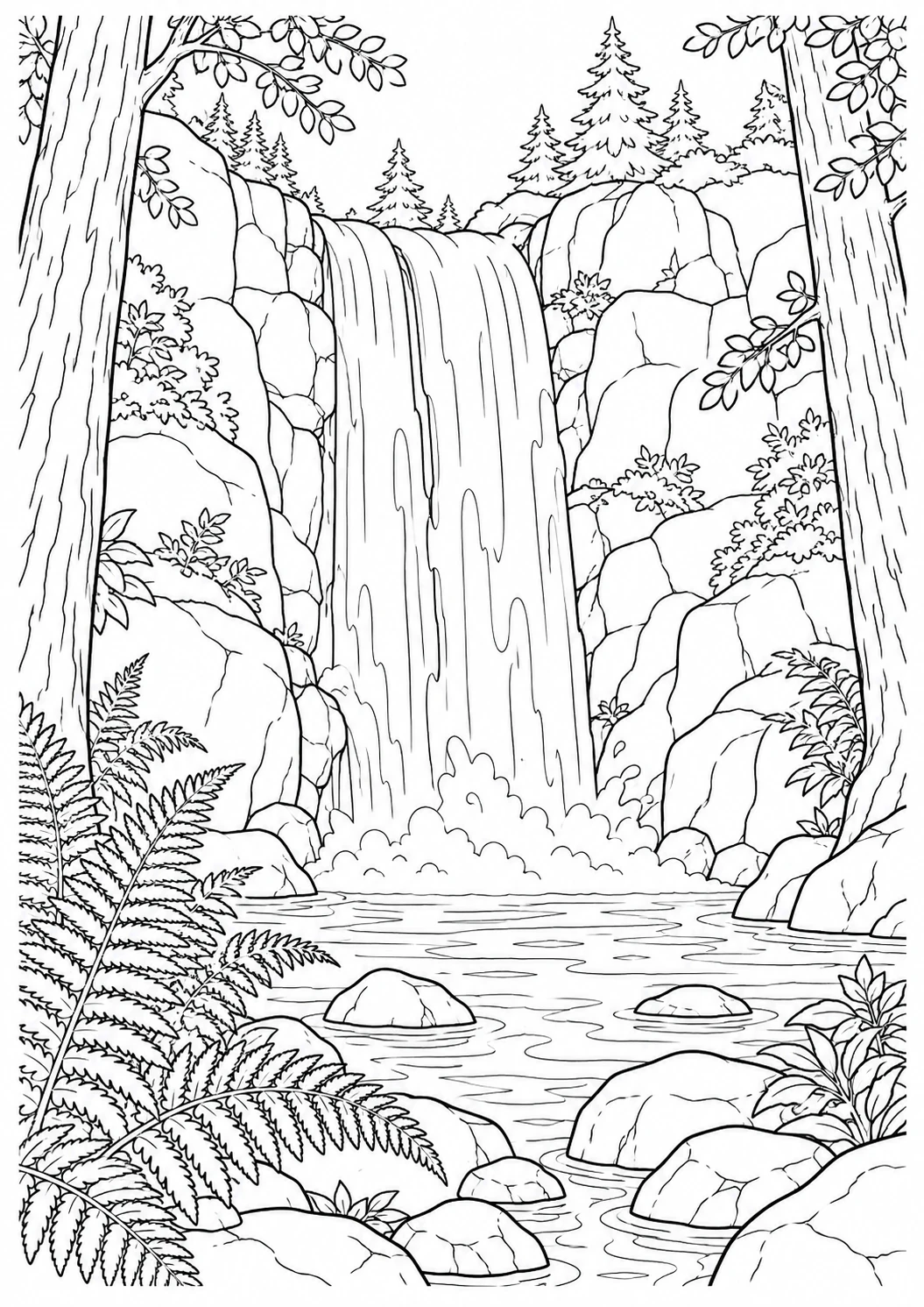 Paysage de cascade en forêt : dessin en noir et blanc à colorier
