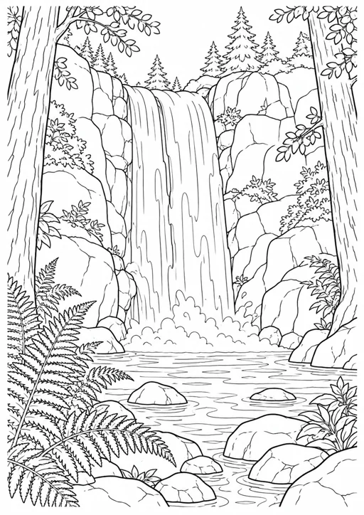 Paysage de cascade en forêt : dessin en noir et blanc à colorier