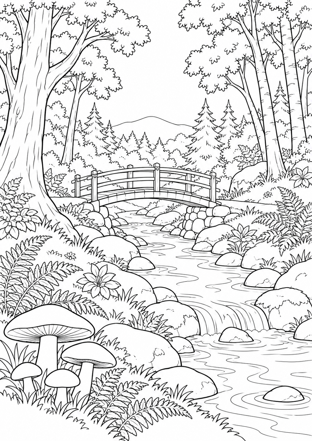 Clairière dans la forêt : dessin au trait noir à colorier